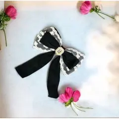 レース 黒リボン ヘアアクセサリーリボンバレッタ バナクリップ 髪留め 韓国