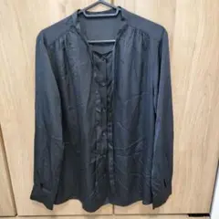 ほつれあり GU ブラック 長袖 ボタンシャツ リボン L