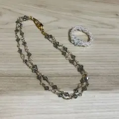 スワロビーズグリーングレーブルーブレスレット白×水色リングハンドメイド