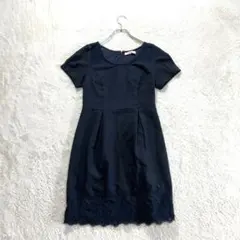 【ミーア】F 濃紺 ワンピース 半袖 ひざ丈 レース おしゃれ着 カジュアル