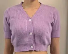 ラベンダー 半袖 Vネック ボタンフロントカーディガン サイズL