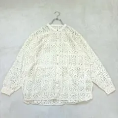 n056 良品✨バイユアンス バンドカラー長袖レースシャツ 羽織り シアー