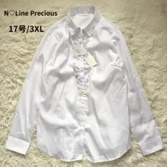 【新品タグ付】N-Line 大きいサイズ フリルブラウス 17号 白 ストライプのサムネイル