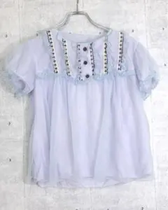 レトロ フェアリー 古着 フリル 刺繍レーステープ オーガンジーフリル トップス