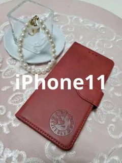 iPhone11 手帳型スマホケース　レザー　赤　柴犬　犬　シンプル