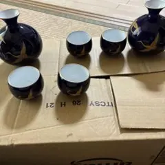 酒器揃 徳利2点 猪口4点 鶴柄 紺色 金彩