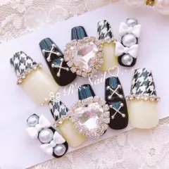 ネイルチップ 千鳥柄 ベビーイエロー ブラック ワンホン 韓国 量産型 ガーリー