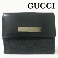良品　グッチ　二つ折り財布　GG柄　GGキャンバス　ロゴプレート　レザー