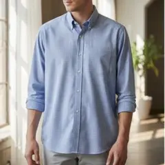 新品未使用 ランバン LANVIN ワイシャツ（M）水色 長袖 チェック柄のサムネイル