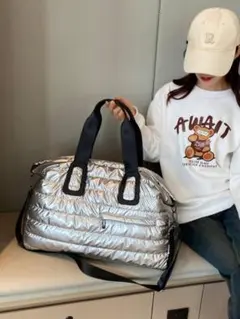 キルティング トートバッグ ショルダーバッグ シルバー プチ旅行 2way