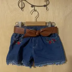 赤いバラ刺繍ベルト付きデニムのショートパンツ 160cm フリンジ