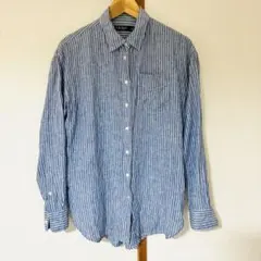 【美品】LAURENRalphLaurenリネンストライプ長袖シャツ ブルーCHのサムネイル