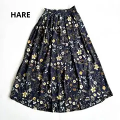 HARE ハレ　ロングフレアスカート　花柄　ネイビー　F