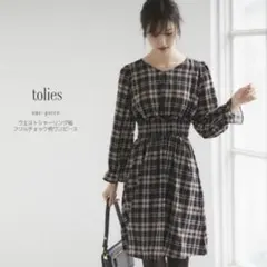 tocco closet ウエストシャーリング袖フリルチェック柄ワンピース