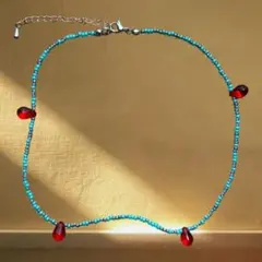 ターコイズブルー　レッド　ビーズ ネックレス