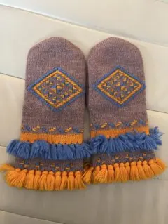 幾何学模様 フリンジ付きニットミトン