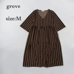 グローブ　Vネック　ロングワンピース　フレアワンピース　ストライプ　ブラウン　M