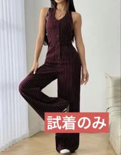 ボルドー ストライプ ノースリーブ オールインワン