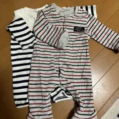 ロンパースセット グレー赤ストライプ 白ネイビー