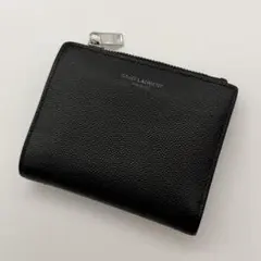 サンローラン　折り財布　キャビアスキン　ロゴ刻印　レザー　ブラック