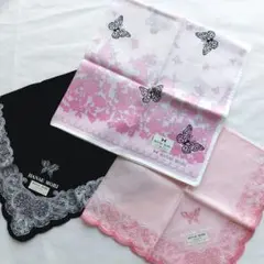 【タグ付き未使用品】HANAEMORI スカラップ・蝶・レース柄ハンカチ