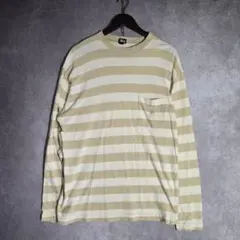 00s STUSSY 太ボーダー ロンT M ベージュ 紺タグ 刺繍 Y2K