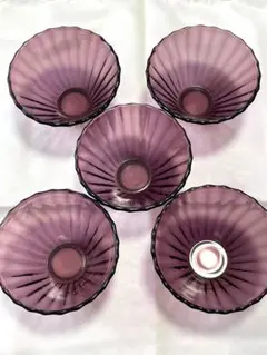 レトロ ガラス小鉢 フルーツ皿 パープル　ガラス食器5個セット