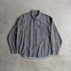 00s ゲス Guess 幾何学模様 レーヨン リネン 長袖シャツ XL 白黒のサムネイル