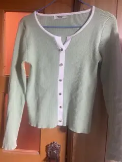 ミントグリーン リブ編み 長袖カーディガン