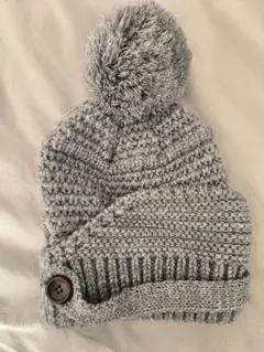 ハンドメイド グレー ニット帽 ポンポン付き