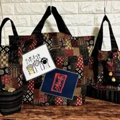 和柄　トートバッグ 猫　パッチワーク風　ビッグサイズ　ペットボトルケースのサムネイル