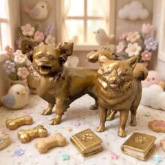 チワワ＆ポメラニアン 犬の置物 2体セット ゴールド 開運インテリア かわいい