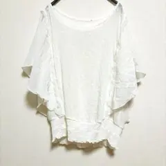 半袖トップス　ブラウス　ホワイト　フリル付き　ドット柄　海外古着