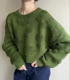 ジュノア　junoah ショート丈花柄ニット　グリーン　完売品