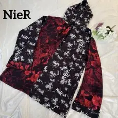 NieR WIDE SLEEVE HOODIE 黒×赤 総柄フーディー F