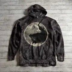 狼デザイン プルオーバーパーカー L タイダイ風 グレー　ゆるダボメンズ古着