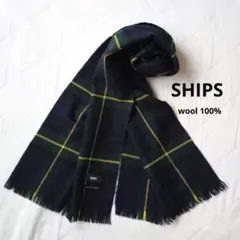 SHIPS　シップス　ウール100%　マフラー　チェック　紺　日本製　訳あり