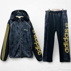 adidas NEO ジャージ セットアップ M フード ロゴ 金 ヒョウ柄 黒