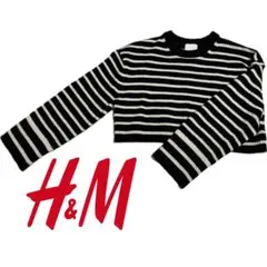 H&M ボーダー クロップドニットセーター 黒×アイボリー