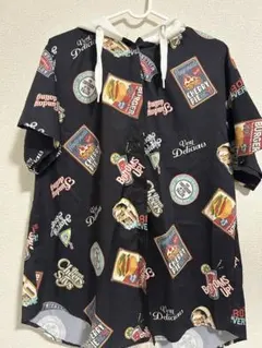 【Mサイズ】フード付き半袖シャツ ブラック/ピザ風柄