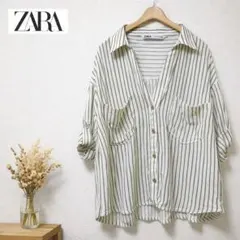 ZARA ザラ ストライプシャツ 半袖 リネン混 グリーン ホワイト S