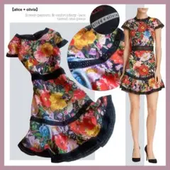 希少【花柄×刺繍レース】アリスアンド オリビア／ティアード＆フレア•ワンピース