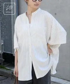 ＜UVカット＞ゆるっとドルマンスリーブ オーバーサイズ ノーカラーシャツのサムネイル