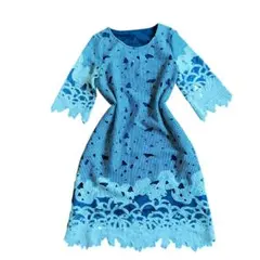 総レースワンピース ブルー M 膝丈 七分袖 花柄 フォーマル 結婚式 二次会