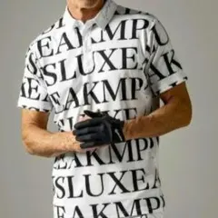 LUXEAKMPLUS 襟ロゴ総柄 半袖 ポロシャツ Lサイズ ホワイト