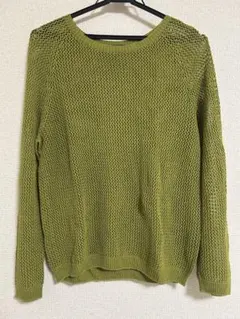 オリーブグリーン メッシュ編み 長袖セーター