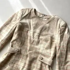 クレージュ　クリーム色 チェック柄 長袖ワンピース　古着　vintage
