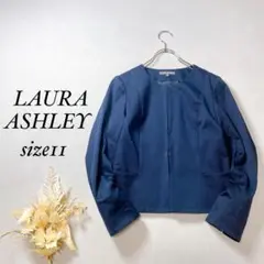 ローラアッシュレイ ノーカラージャケット ストレッチ【L】紺色 オフィス 277