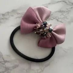 ☆ハンドメイド☆ピンクリボンビジュー付きヘアゴム