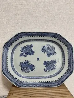 中古美品✨九谷焼 宮内庁御用達 長左窯 青華祥瑞小紋 輪花長皿✨中皿
